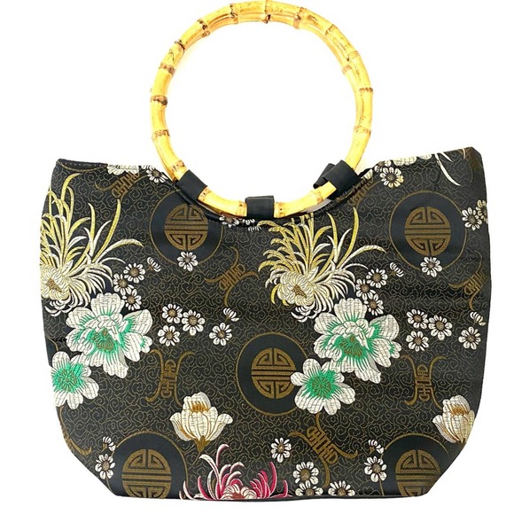 Bamboo Handle Black Asian Print Floral Round Wood Handle Canvas Handbag - Picture 8 of 9